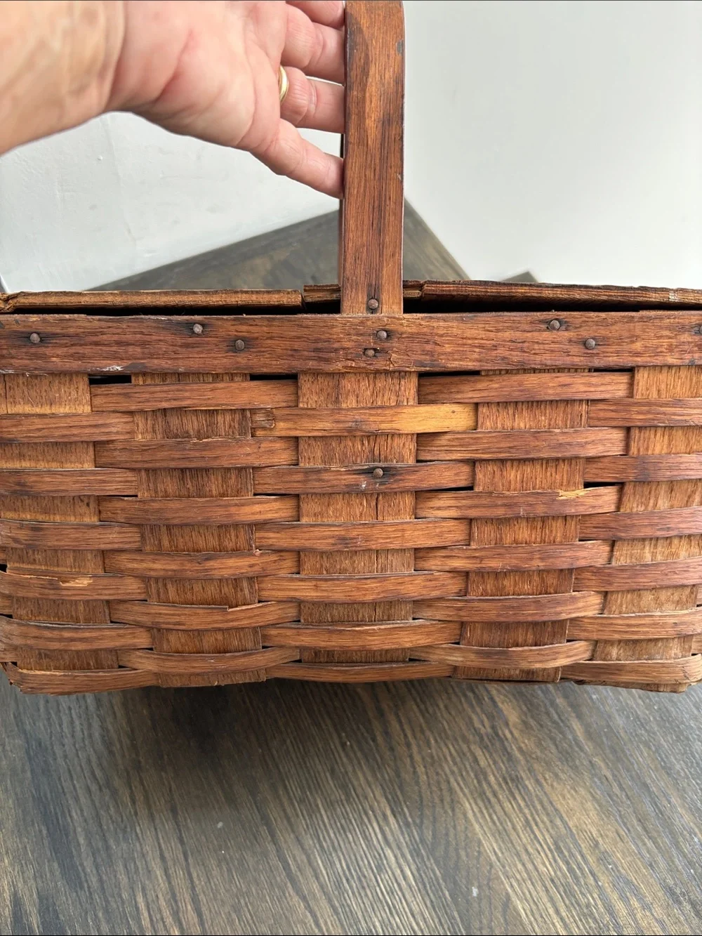 Vintage double lidded picnic basket, one handle,hinges, rustic, wood, 16x9.5x12”